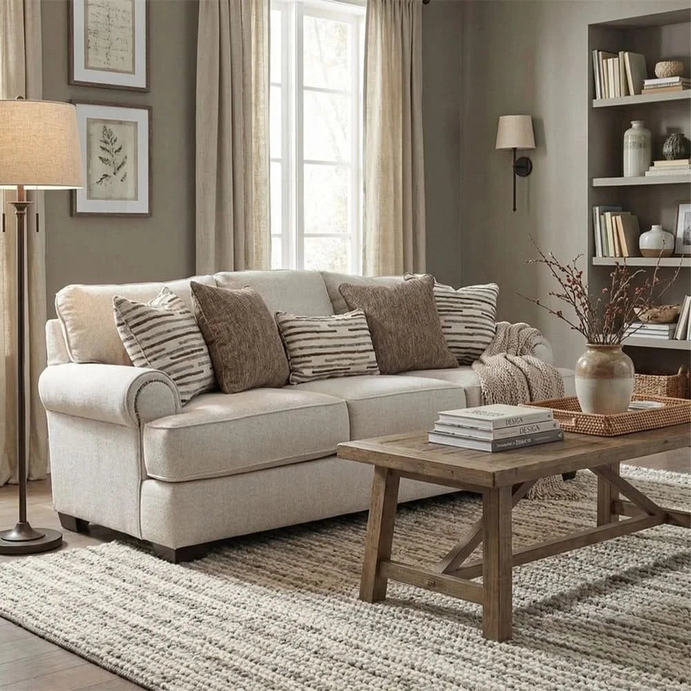 Javelin Cream Traditional Sofa with Accent Pillows