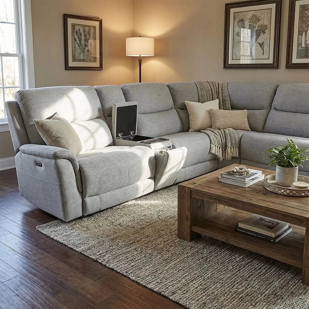Jensen Grey Contemporary 6-Piece Power Reclining Sectional with Power Headrests and Zero Gravity