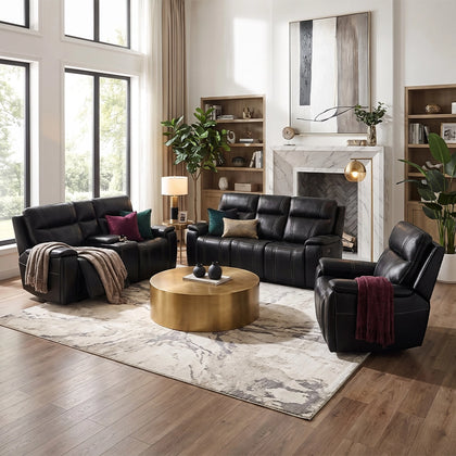 KAYA Black Leather Immersive Sound Living Sofa and Loveseat