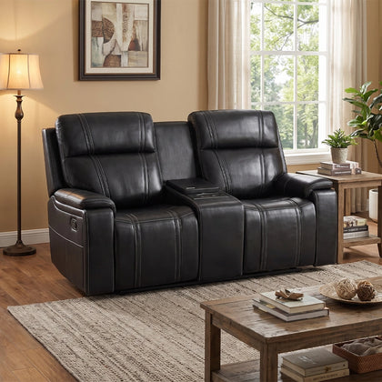 KAYA Black Leather Immersive Sound Power Console Reclining Loveseat