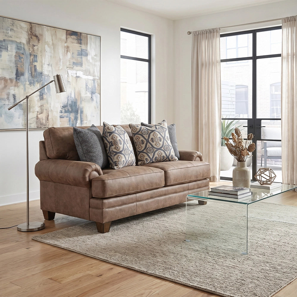 Kemp Hazelnut Traditional Loveseat with Rolled Arms and Accent Pillows