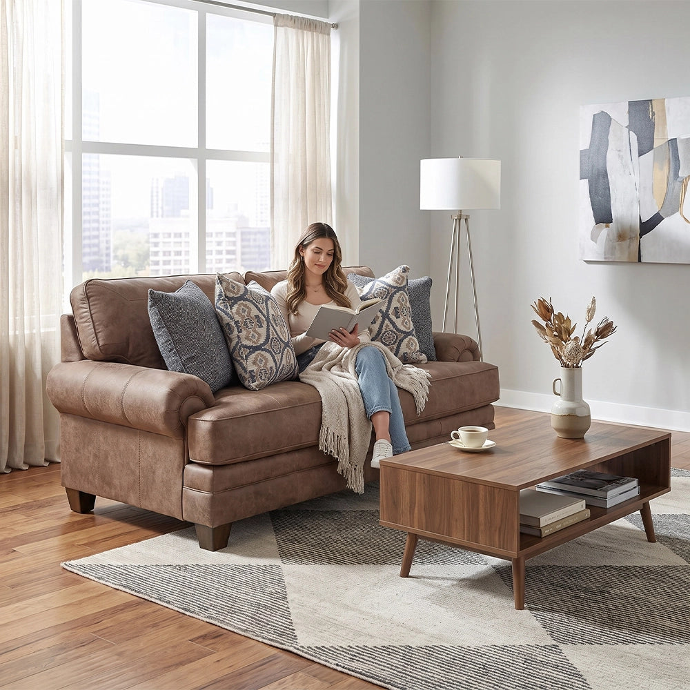 Kemp Hazelnut Traditional Loveseat with Rolled Arms and Accent Pillows