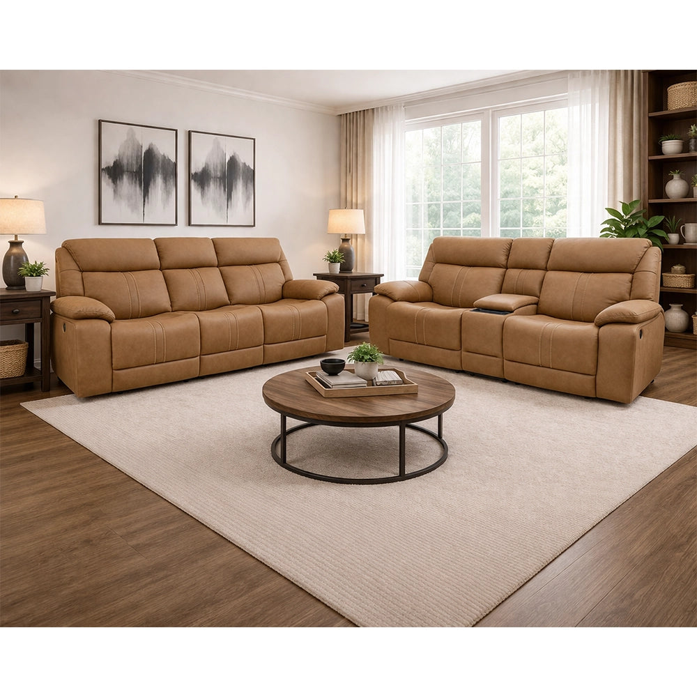 Moto Motion Kona Butternut Triple Power Reclining Living Room Set with Immersive Sound, Heat and Massage