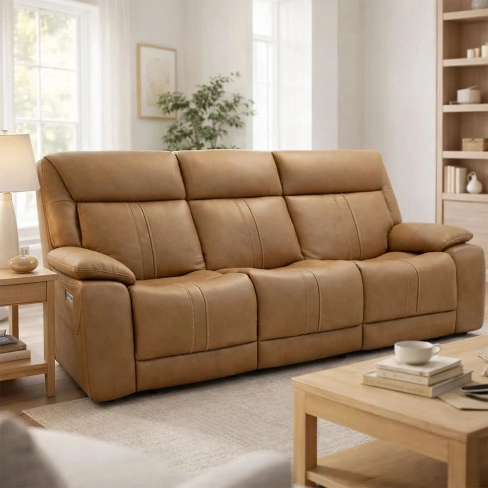 Moto Motion Kona Butternut Triple Power Reclining Living Room Set with Immersive Sound, Heat and Massage