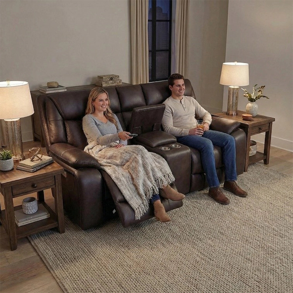 Moto Motion Kona Earth Brown Leather Power Reclining Sofa with Immersive Sound Zero Gravity Triple Power Heated Seats and Massage