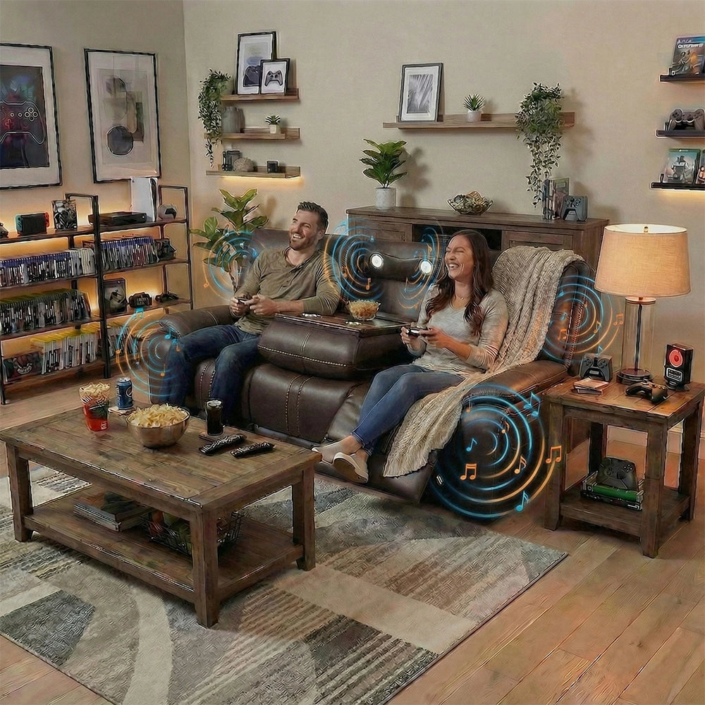 Moto Motion Kona Earth Brown Leather Power Reclining Living Room Set with Immersive Sound and Zero Gravity Triple Power