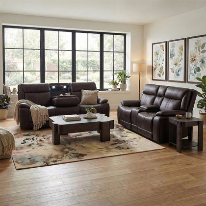 Moto Motion Kona Earth Brown Leather Power Reclining Living Room Set with Immersive Sound and Zero Gravity Triple Power