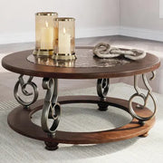 Lancaster Dark Brown Traditional Round Cocktail Coffee Table with Faux Marble Top