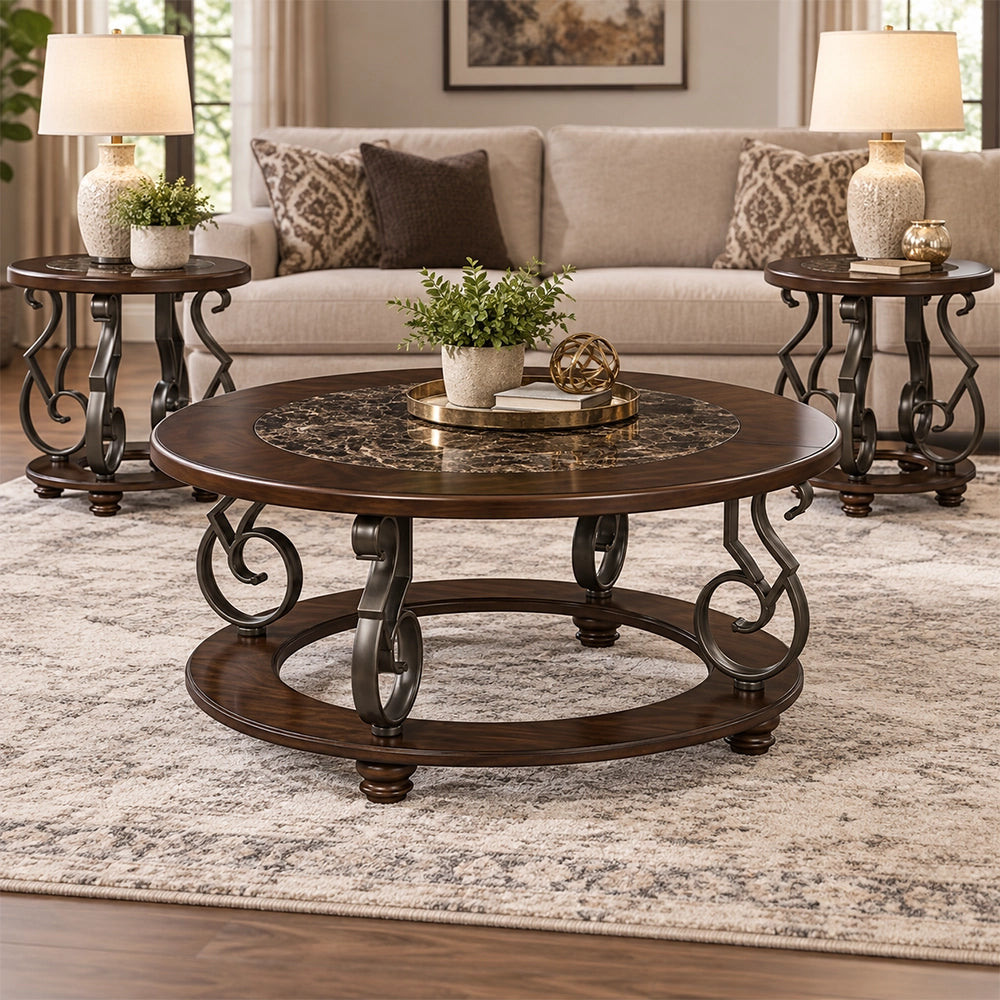Lancaster Dark Brown Traditional Round End Table with Faux Marble Top