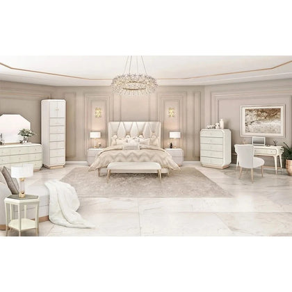La Rachelle Champagne Modern Glam 5-Piece Bedroom Set with Upholstered Panel Bed, Dresser & Mirror