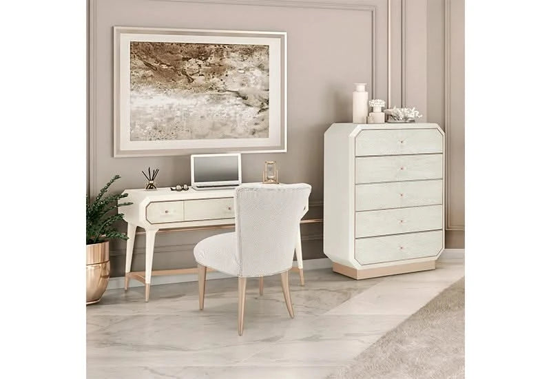 La Rachelle Champagne Vanity Set with Table, Octagonal Mirror & Upholstered Chair