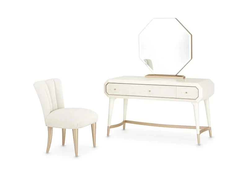 La Rachelle Champagne Vanity Set with Table, Octagonal Mirror & Upholstered Chair