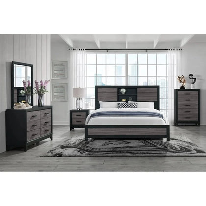 Lisbon Black/Gray Modern 5 Piece Bedroom Set with Dresser & Mirror