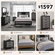 Lisbon Black/Gray Modern 15PC Queen Bedroom Package with Mattress & Comforter Set