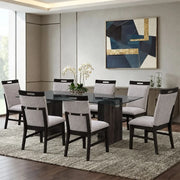 Lumin Clear Glass and Dark Brown Modern 7-Piece Dining Set with 6 Light Grey Upholstered Chairs
