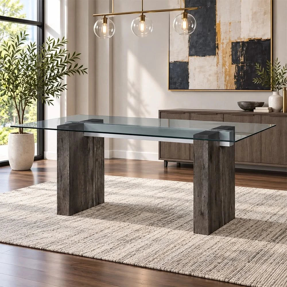Lumin Clear Glass and Dark Brown Modern Rectangular Dining Table