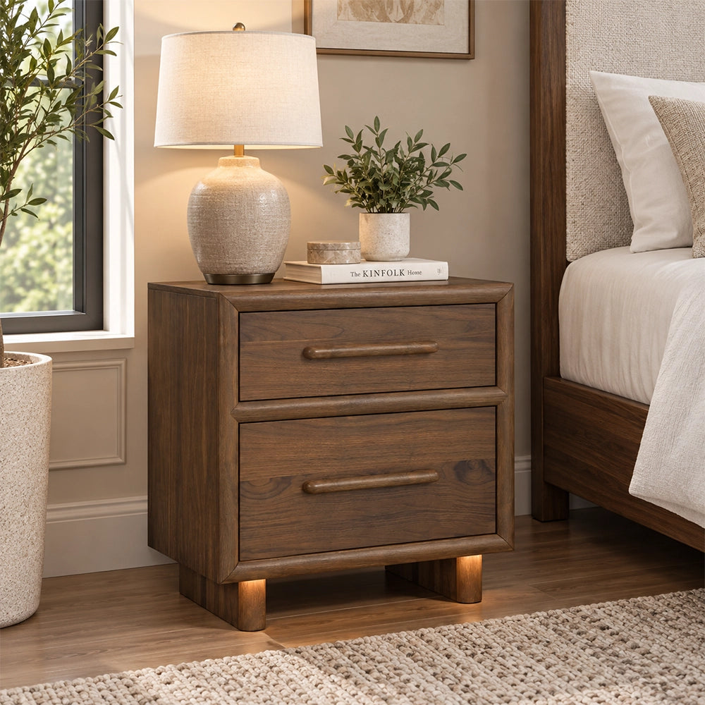 Malibu Walnut 2-Drawer Nightstand with USB Charging