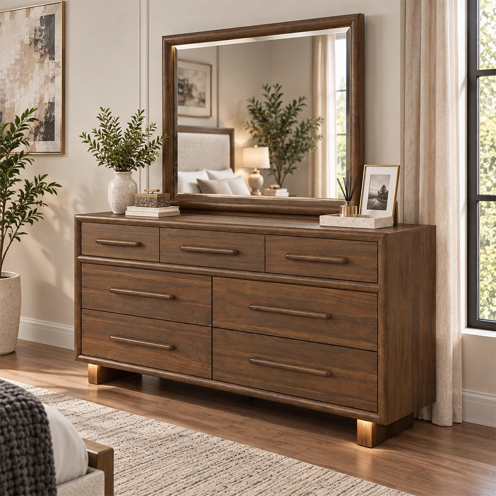 Malibu Walnut Bouclé Bedroom Set with Dresser & Mirror