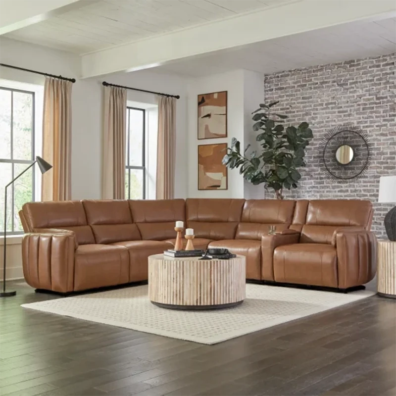 Modway Brown Power Headrest & Reclining 6 PC Modular Sectional with Storage Console, Cup Holders and 2 Arm Pillows