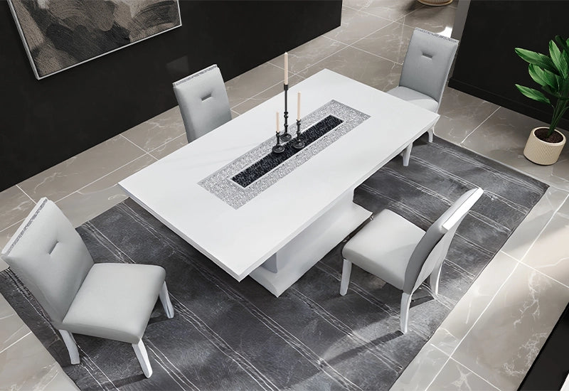 Monaco 5-Piece Dining Set in High Gloss White with Glitter Accents