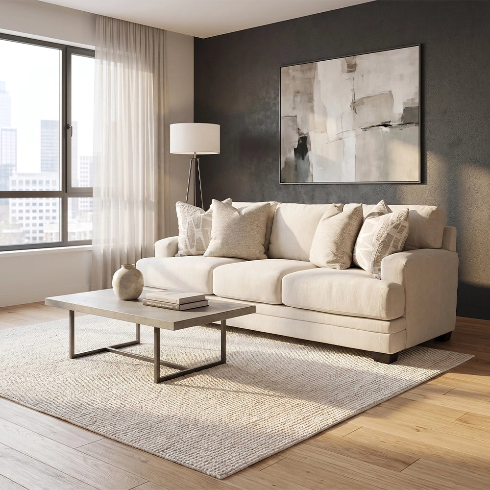 Morpheus Vanilla Contemporary Sofa with Accent Pillows