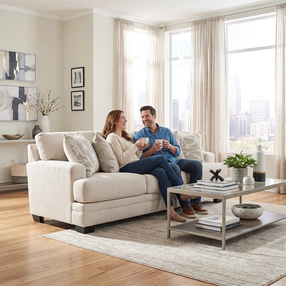 Morpheus Vanilla Contemporary Sofa with Accent Pillows