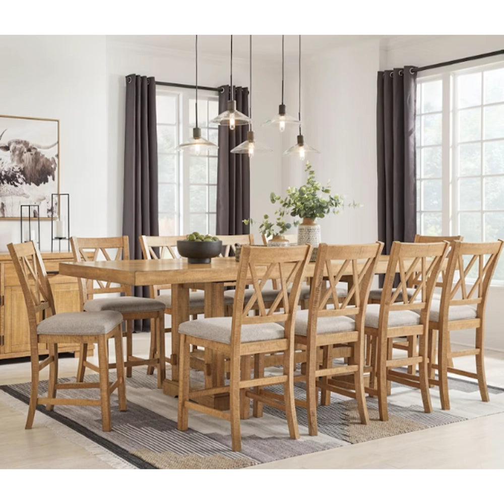 Morton Brown Rustic Farmhouse 7-Piece Counter Height Dining Set with 6 Upholstered Stools