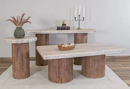 Mykos Brown Rustic Wood Modern 3 PC Rectangle Cocktail Set with 50" Table and 2 Square End Tables