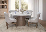 Mykos Cream Rustic Wood Modern 5 PC Round Dining Set with Round Table and 4 Beige Upholstered Chairs