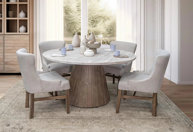 Mykos Cream Rustic Wood Modern 5 PC Round Dining Set with Round Table and 4 Beige Upholstered Chairs
