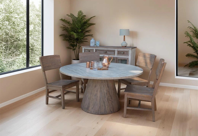 Mykos Cream Rustic Wood Modern 5 PC Round Dining Set with Round Table and 4 Beige Upholstered Chairs