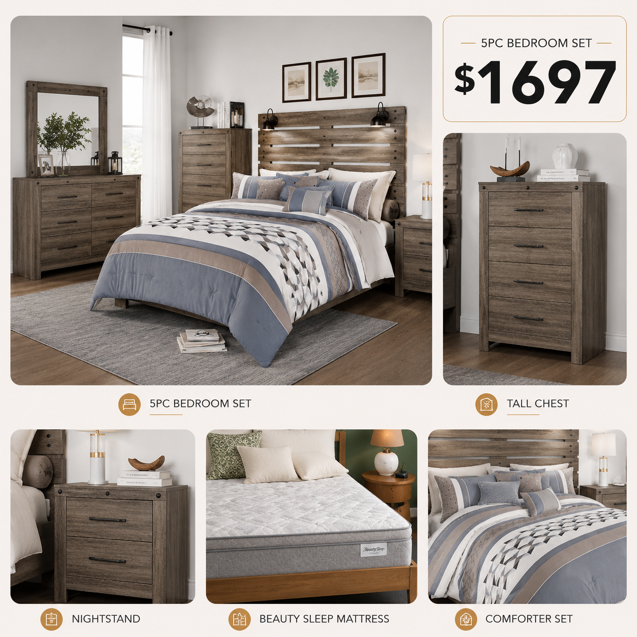 Nash Gray Solid Wood 15PC Queen Bedroom Package with Mattress & Comforter Set