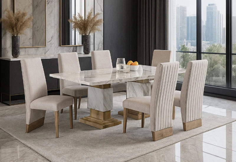 Nectar Natural 7-Piece Dining Set with Faux Marble Table & Chanel-Tufted Chairs