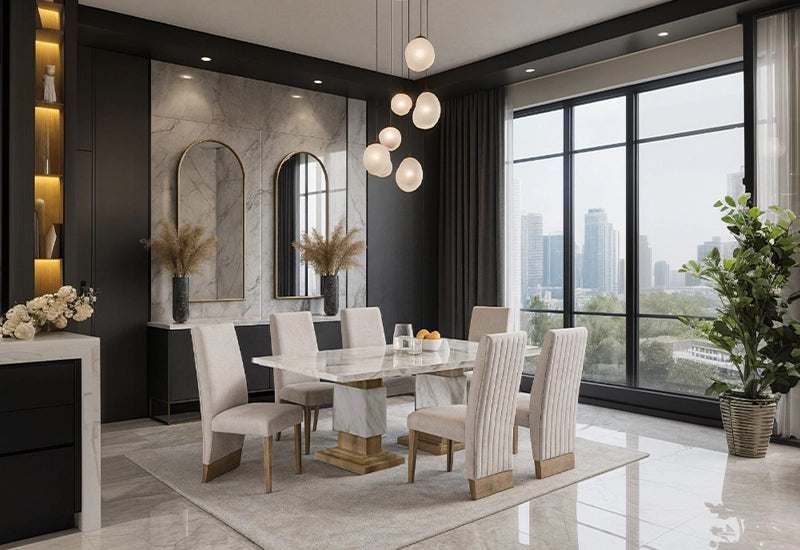 Nectar Natural 7-Piece Dining Set with Faux Marble Table & Chanel-Tufted Chairs