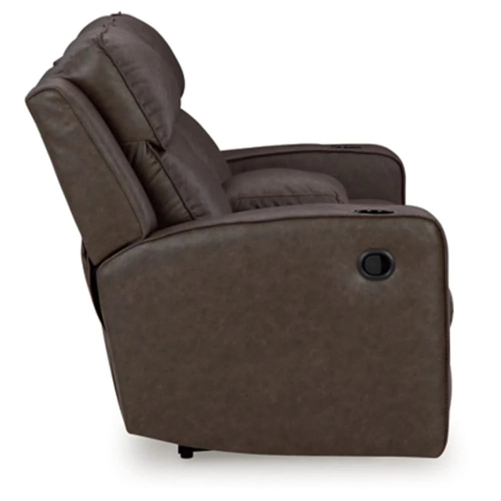 Noah Brown Contemporary Manual Reclining Loveseat with Center Console and Cup Holders