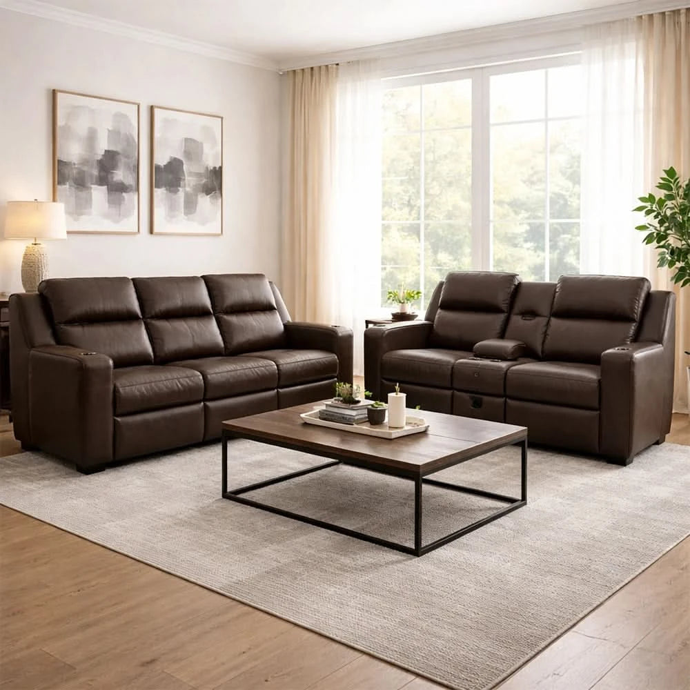 Noah Brown Contemporary Manual Reclining Sofa with Drop-Down Table and USB Charging