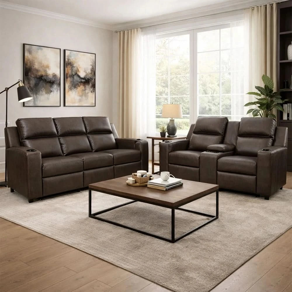 Noah Brown Contemporary Manual Reclining Loveseat with Center Console and Cup Holders