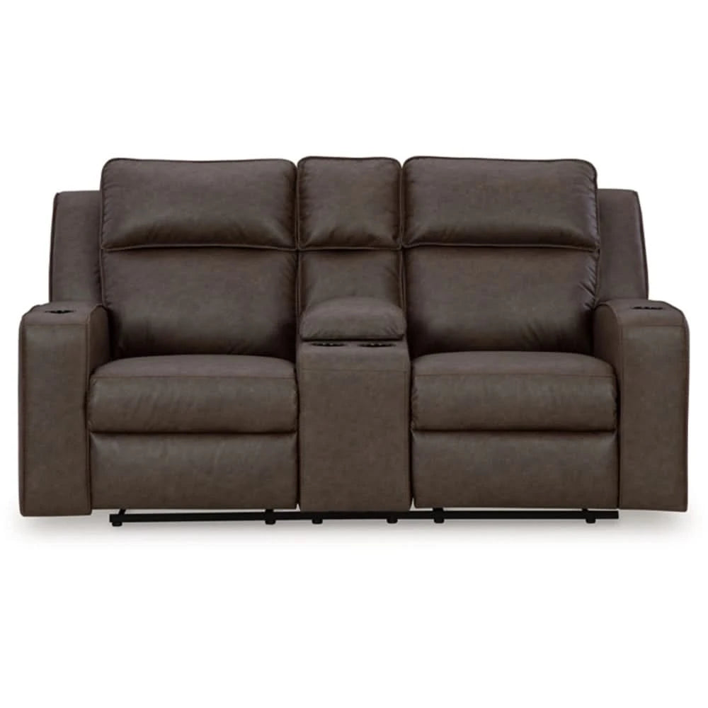 Noah Brown Contemporary Manual Reclining Loveseat with Center Console and Cup Holders