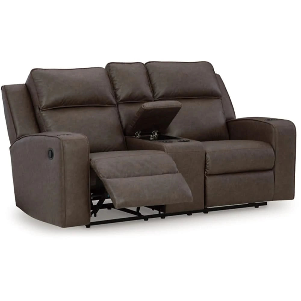Noah Brown Contemporary Manual Reclining Loveseat with Center Console and Cup Holders