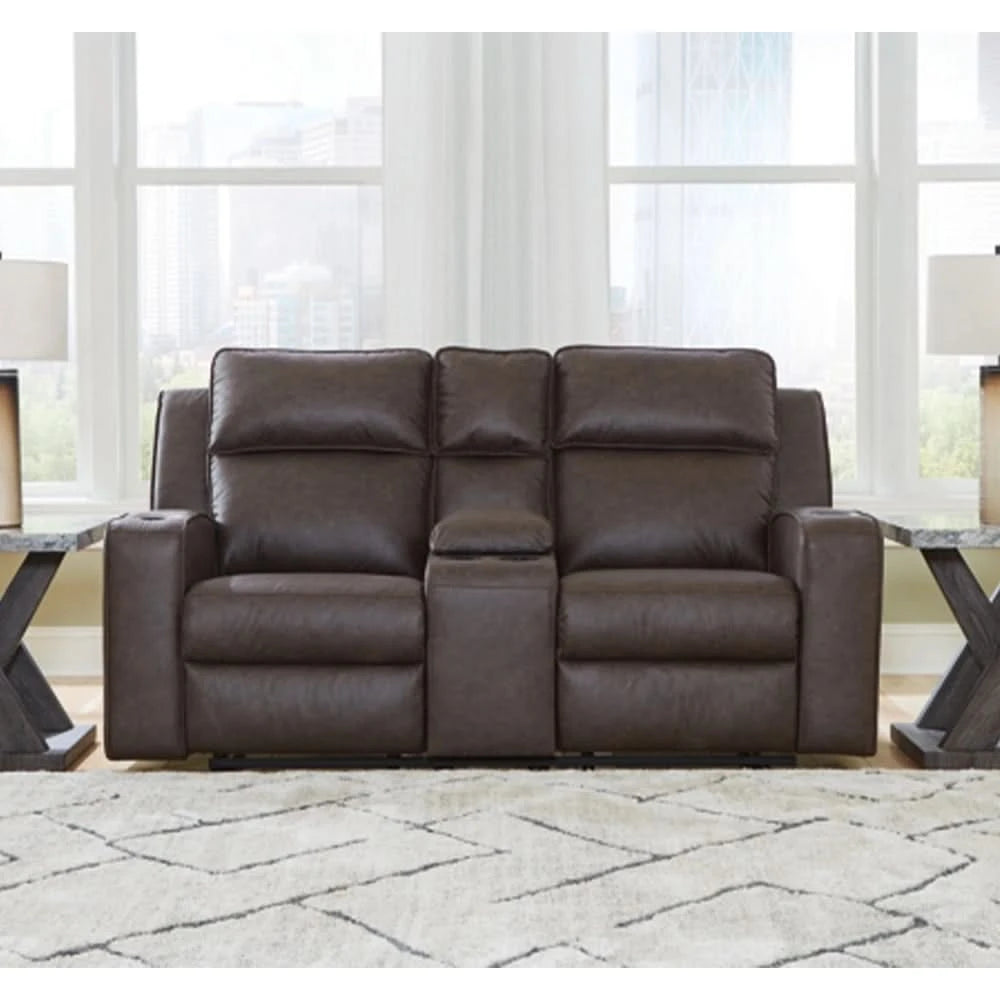 Noah Brown Contemporary Manual Reclining Loveseat with Center Console and Cup Holders