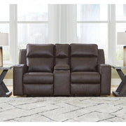 Noah Brown Contemporary Manual Reclining Loveseat with Center Console and Cup Holders