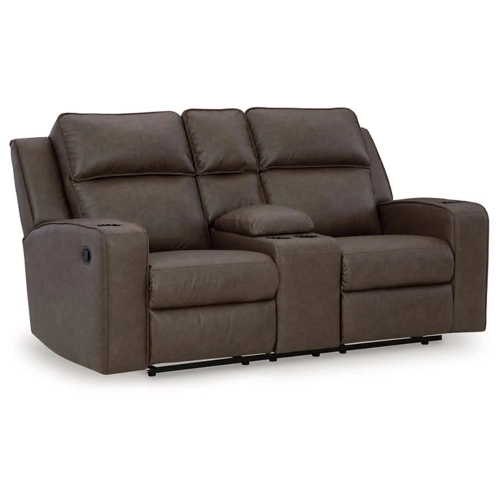 Noah Brown Contemporary Manual Reclining Loveseat with Center Console and Cup Holders