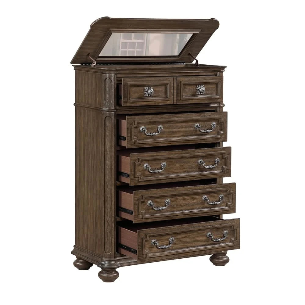 Oakland Traditional Lift Top Chest with Ornate Carvings and Storage Drawers
