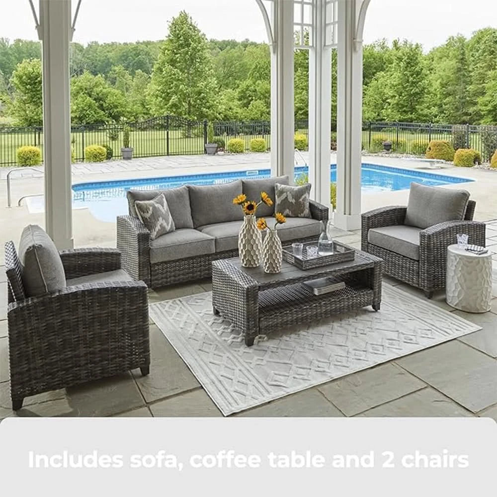 Oasis Court Gray 4PC Outdoor Sofa Set with Cushions and Coffee Table