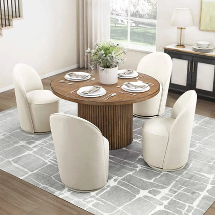 Opal 5-Piece Modern Round Dining Set with Fluted Base Table & Upholstered Chairs