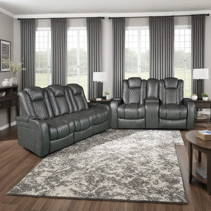 Pinnacle Seal Gray Dual Power Reclining Living Room Set Includes Sofa and Loveseat with Dropdown Table & led lights