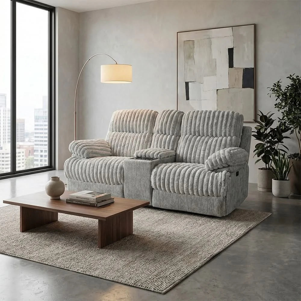 Oyster Mondo Contemporary Power Reclining Sofa & Loveseat with Plush Channel Tufting