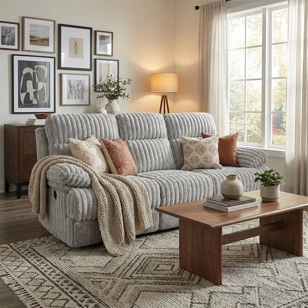 Oyster Mondo Contemporary Power Reclining Sofa with Channel Tufting and Pillow Top Arms