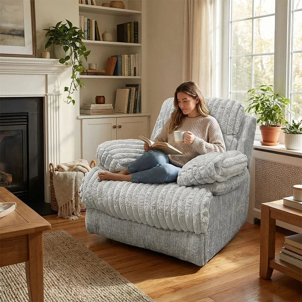 Oyster Mondo Contemporary Power Recliner with Channel Tufting and Pillow Top Arms