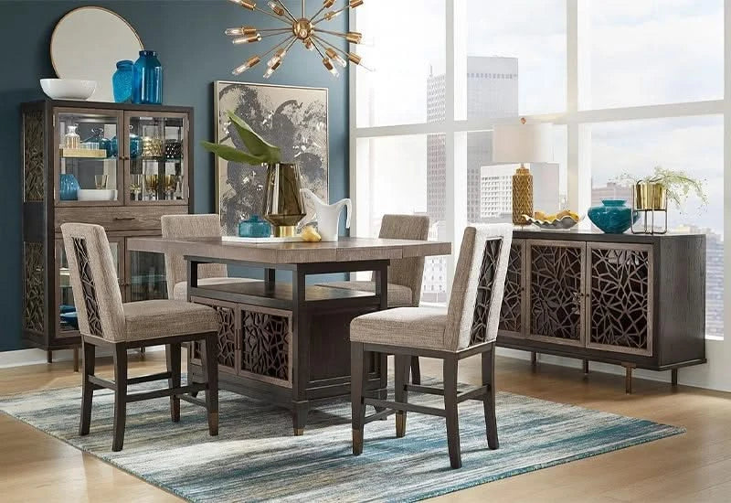 Paladium Grey Counter Stool with Upholstered Seat & Metal Accents